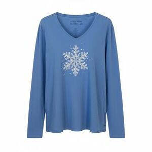 Life is Good Womens XXXL blue Long Sleeve V Neck Snowflake Let it Snow  T Shirt